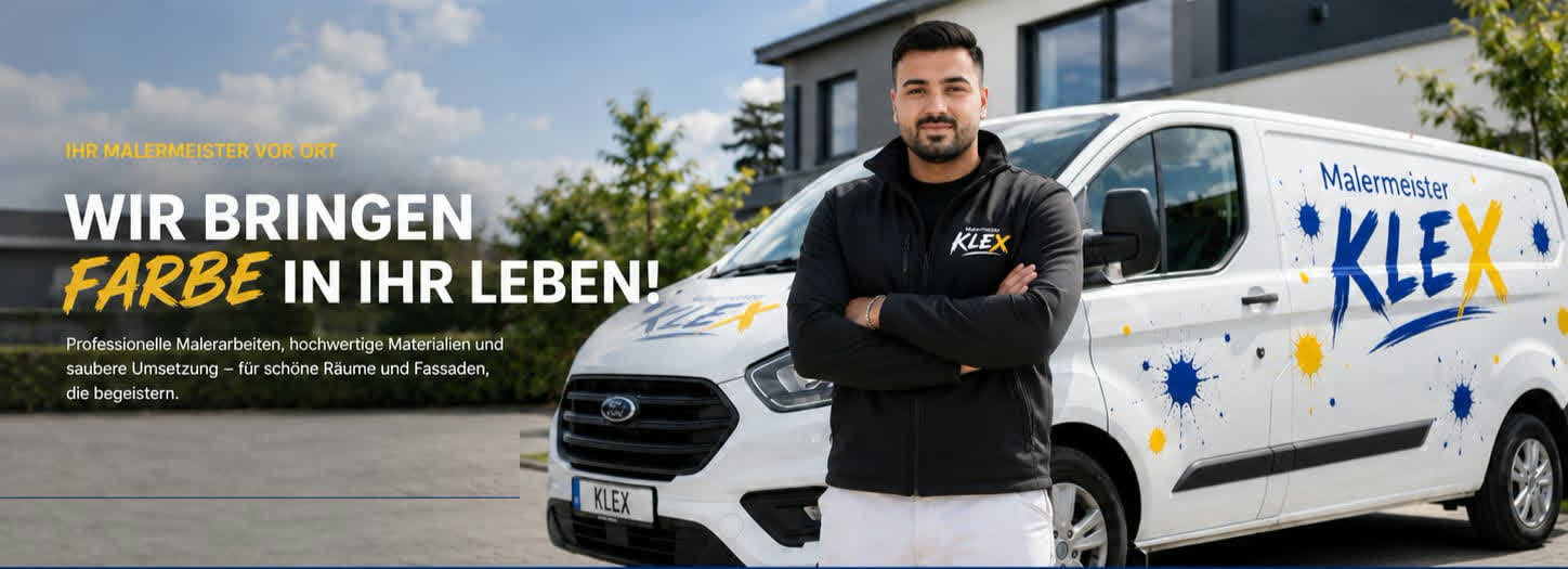 Malermeister KLEX – Ihr Malermeister vor Ort. Wir bringen Farbe in Ihr Leben! Professionelle Malerarbeiten, hochwertige Materialien und saubere Umsetzung – für schöne Räume und Fassaden, die begeistern.